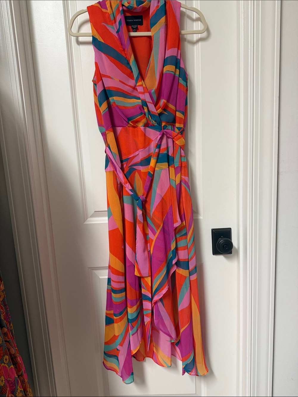 Donna Morgan Multicolor Abstract Wrap Midi Dress - Pink, Orange, Teal